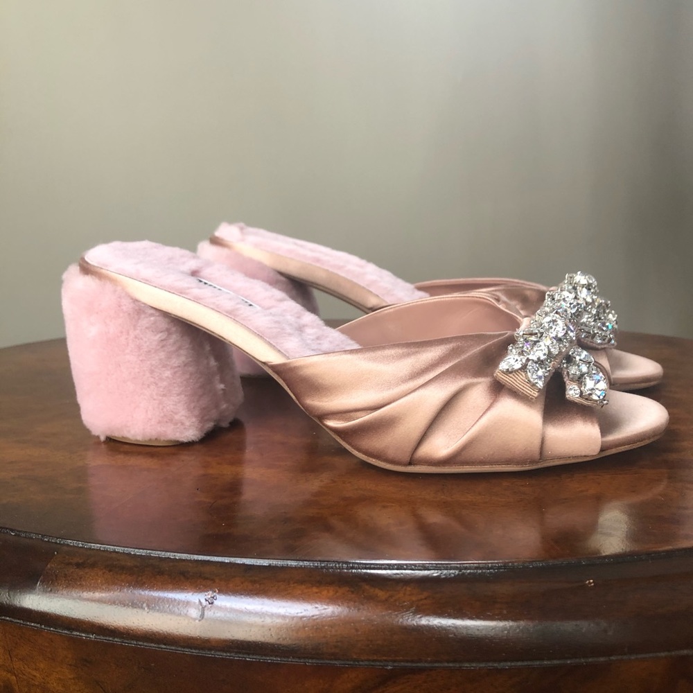 Miu Miu Crystal-embellished satin shearling mules